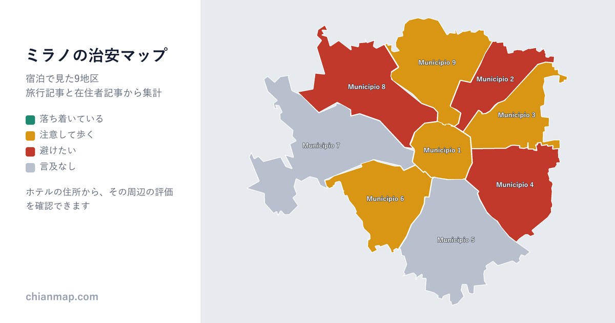 ミラノの治安マップ。地区ごとに昼・夜・宿泊の評価を色分けした地図