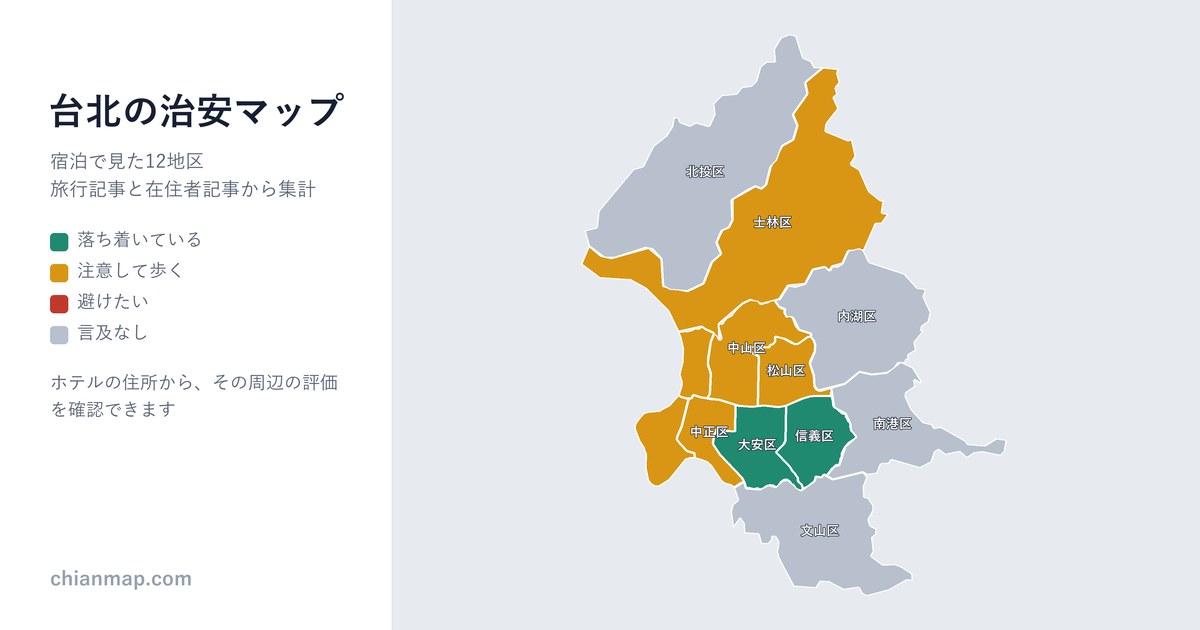 台北の治安マップ。地区ごとに昼・夜・宿泊の評価を色分けした地図